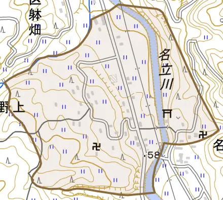 名立区田野上とその周辺の地図。町の範囲を重ねている
