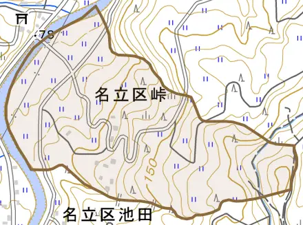 名立区峠とその周辺の地図。町の範囲を重ねている