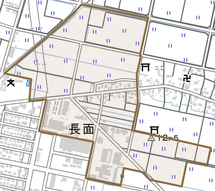 大字長面とその周辺の地図。町の範囲を重ねている