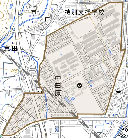 大字中田原とその周辺の地図。町の範囲を重ねている