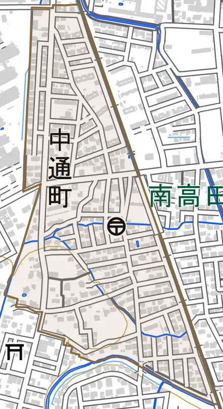 中通町とその周辺の地図。町の範囲を重ねている