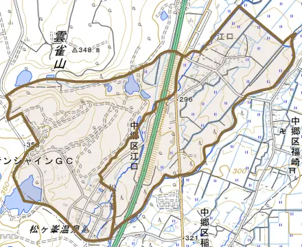 中郷区江口とその周辺の地図。町の範囲を重ねている