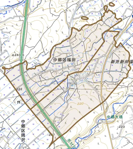 中郷区福田とその周辺の地図。町の範囲を重ねている