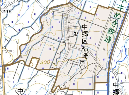 中郷区福崎とその周辺の地図。町の範囲を重ねている