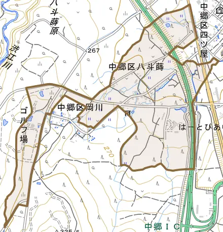 中郷区八斗蒔とその周辺の地図。町の範囲を重ねている