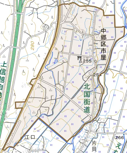 中郷区市屋とその周辺の地図。町の範囲を重ねている