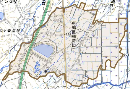 中郷区稲荷山とその周辺の地図。町の範囲を重ねている