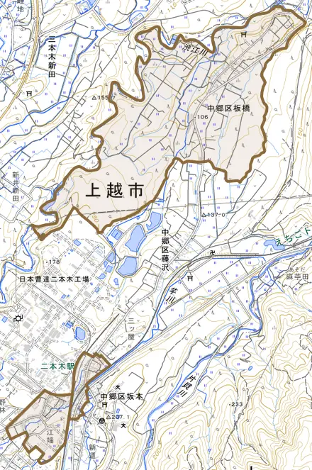 中郷区板橋とその周辺の地図。町の範囲を重ねている