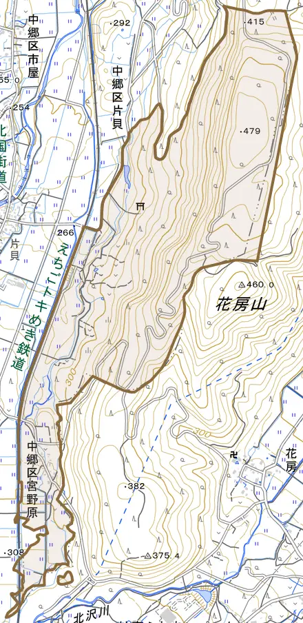 中郷区宮野原とその周辺の地図。町の範囲を重ねている
