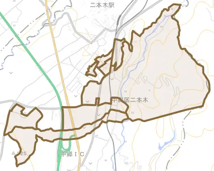 中郷区二本木とその周辺の地図。町の範囲を重ねている