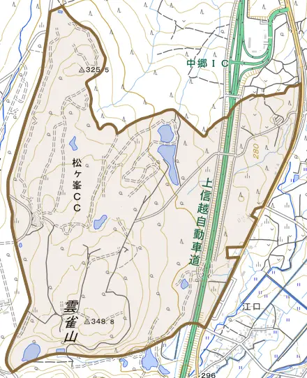 中郷区岡川とその周辺の地図。町の範囲を重ねている