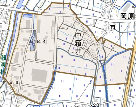 大字中箱井とその周辺の地図。町の範囲を重ねている