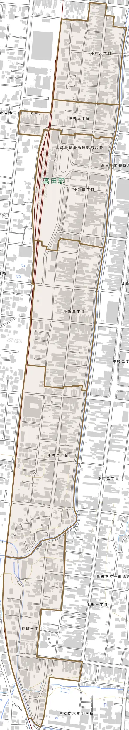 仲町とその周辺の地図。町の範囲を重ねている