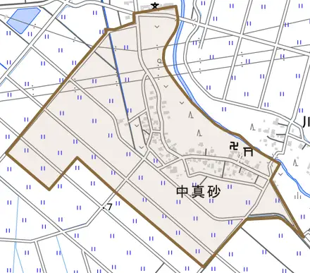 大字中真砂とその周辺の地図。町の範囲を重ねている