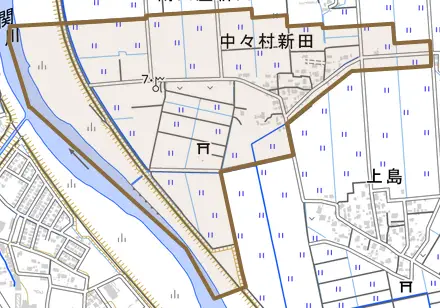 大字中々村新田とその周辺の地図。町の範囲を重ねている