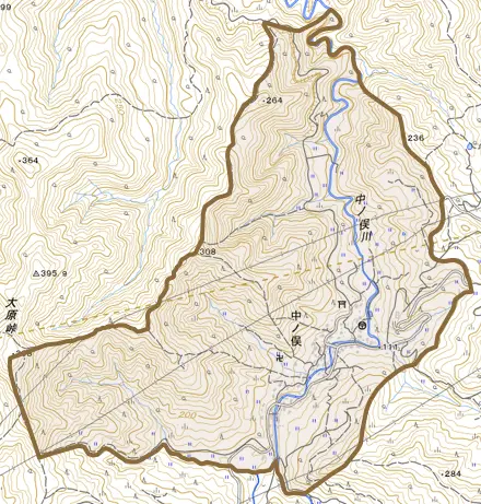 大字中ノ俣とその周辺の地図。町の範囲を重ねている