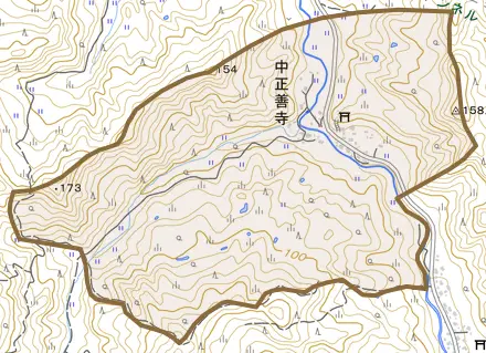 大字中正善寺とその周辺の地図。町の範囲を重ねている