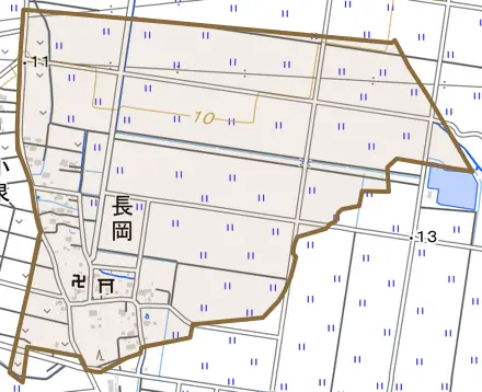 大字長岡とその周辺の地図。町の範囲を重ねている