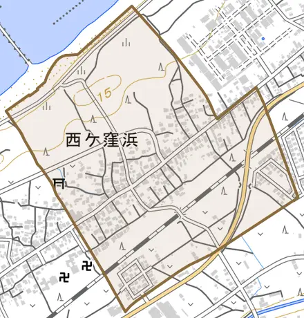 大字西ケ窪浜とその周辺の地図。町の範囲を重ねている