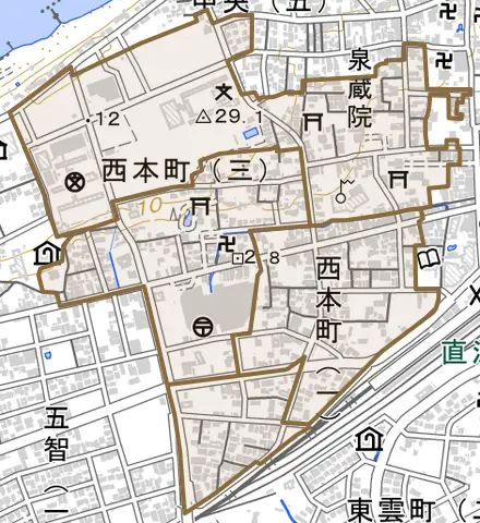 西本町とその周辺の地図。町の範囲を重ねている