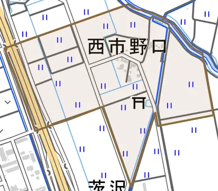 大字西市野口とその周辺の地図。町の範囲を重ねている