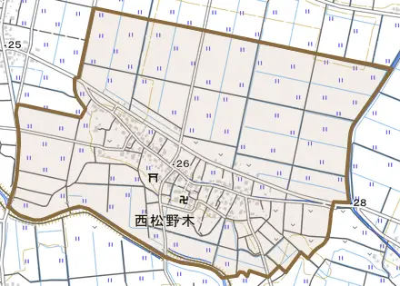 大字西松野木とその周辺の地図。町の範囲を重ねている