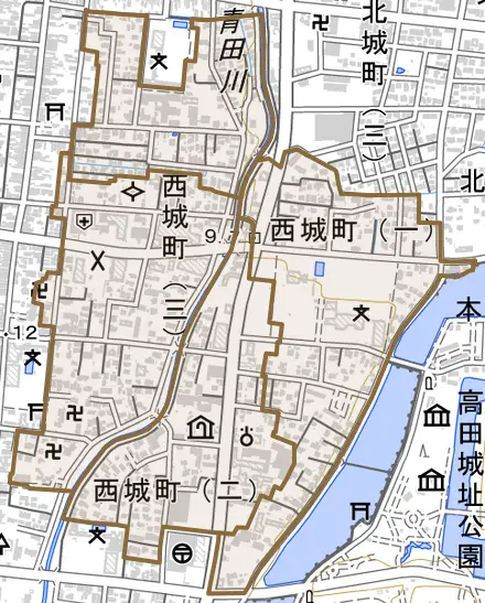 西城町とその周辺の地図。町の範囲を重ねている