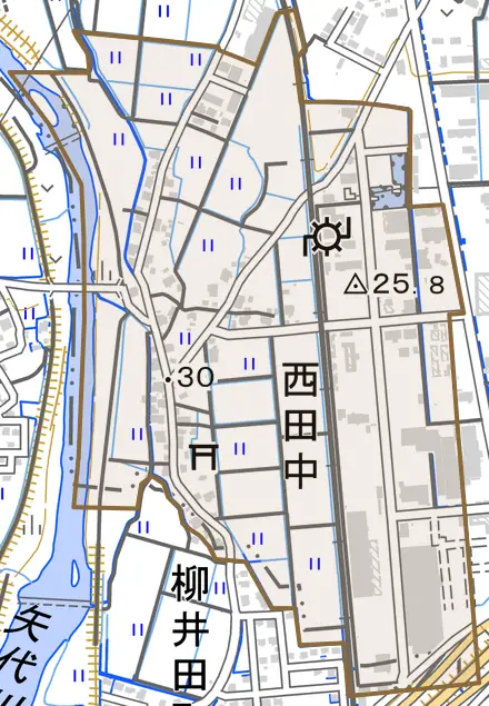 大字西田中とその周辺の地図。町の範囲を重ねている