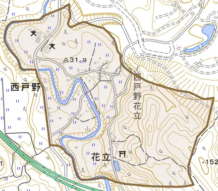 大字西戸野とその周辺の地図。町の範囲を重ねている