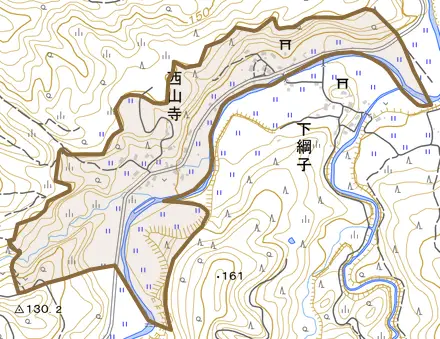 大字西山寺とその周辺の地図。町の範囲を重ねている