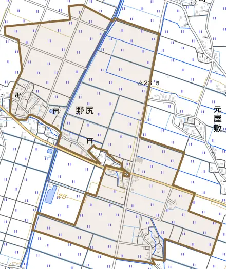 大字野尻とその周辺の地図。町の範囲を重ねている