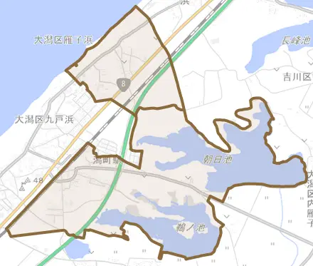 大潟区雁子浜とその周辺の地図。町の範囲を重ねている
