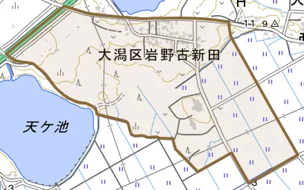 大潟区岩野古新田とその周辺の地図。町の範囲を重ねている