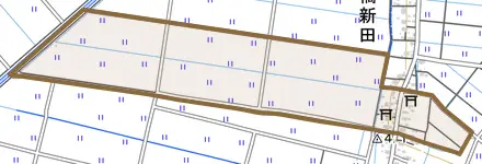 大潟区和泉新田とその周辺の地図。町の範囲を重ねている