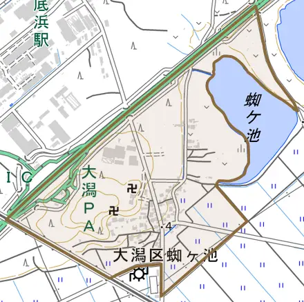 大潟区蜘ケ池とその周辺の地図。町の範囲を重ねている