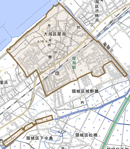 大潟区犀潟とその周辺の地図。町の範囲を重ねている