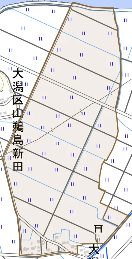 大潟区里鵜島新田とその周辺の地図。町の範囲を重ねている