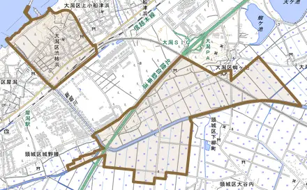 大潟区渋柿浜とその周辺の地図。町の範囲を重ねている