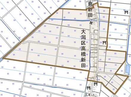 大潟区高橋新田とその周辺の地図。町の範囲を重ねている
