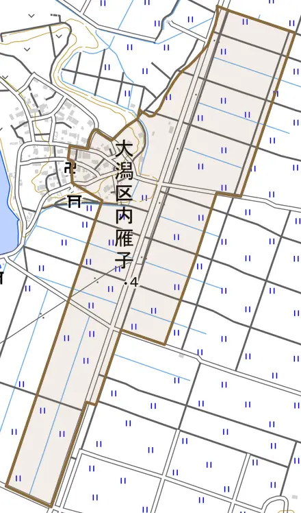 大潟区内雁子とその周辺の地図。町の範囲を重ねている