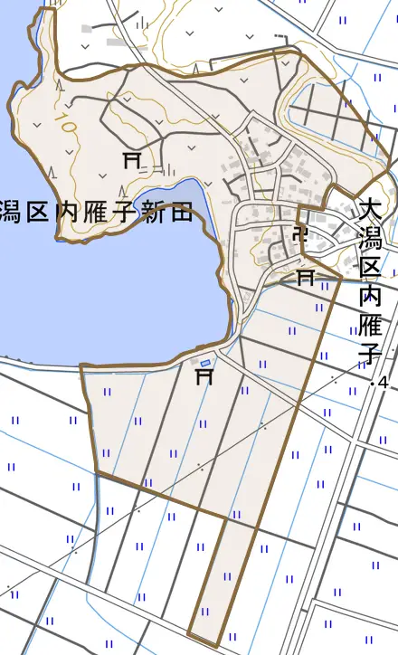 大潟区内雁子新田とその周辺の地図。町の範囲を重ねている