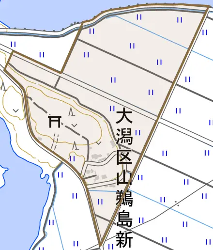 大潟区山鵜島新田とその周辺の地図。町の範囲を重ねている