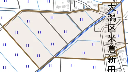 大潟区米倉新田とその周辺の地図。町の範囲を重ねている