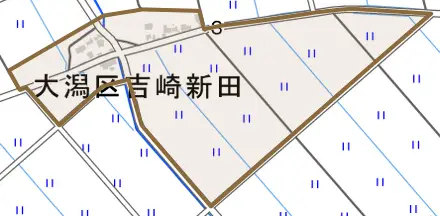 大潟区吉崎新田とその周辺の地図。町の範囲を重ねている