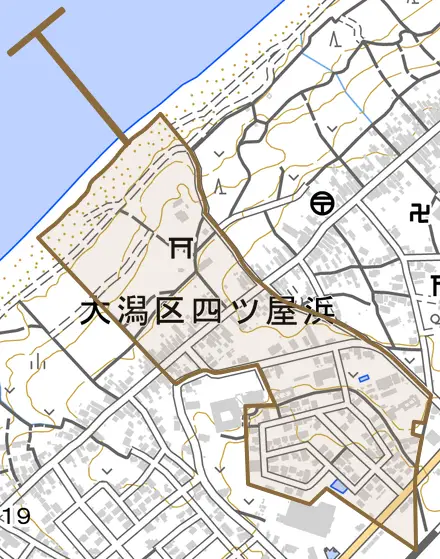 大潟区四ツ屋浜とその周辺の地図。町の範囲を重ねている