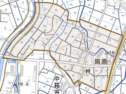 大字岡原とその周辺の地図。町の範囲を重ねている