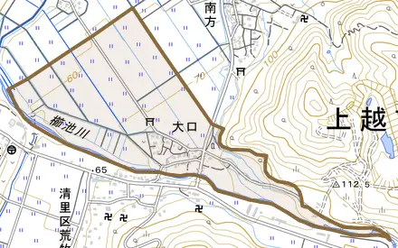 大字大口とその周辺の地図。町の範囲を重ねている