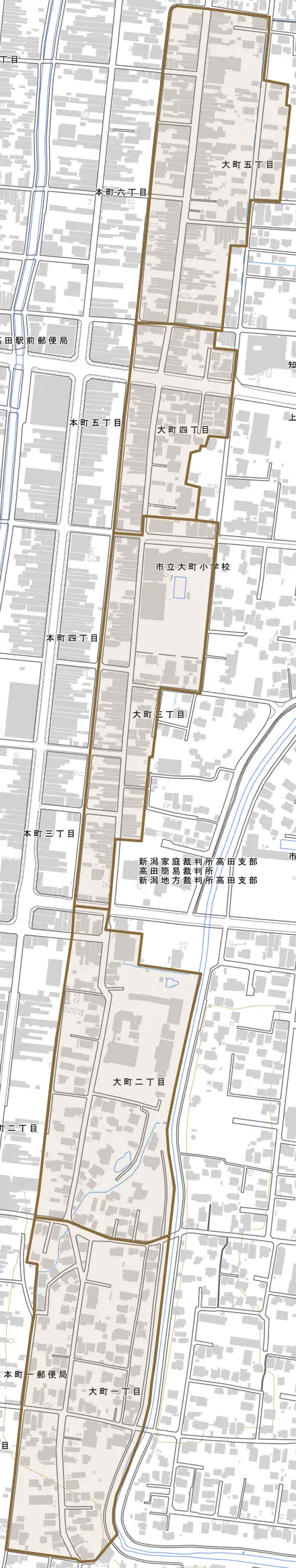 大町とその周辺の地図。町の範囲を重ねている