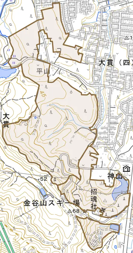 大字大貫とその周辺の地図。町の範囲を重ねている