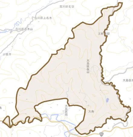 大島区板山とその周辺の地図。町の範囲を重ねている